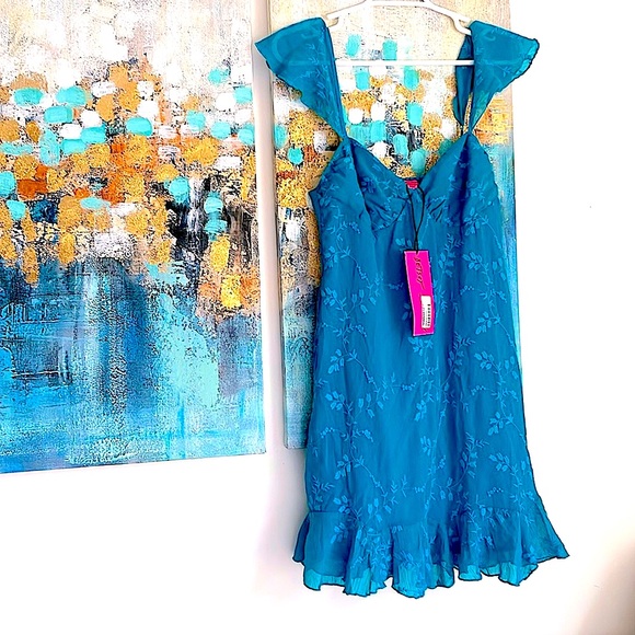 NWT Betsey Johnson turquoise n teal mini shift dress flounce ruffle embroidered